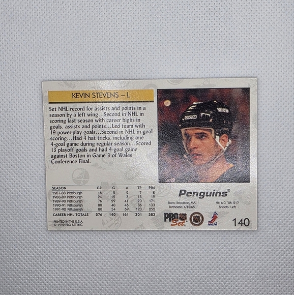 1992-93 NHL Pro Set Kevin Stevens Pittsburgh Penguins #140 Hockey Card - Picture 3 of 4